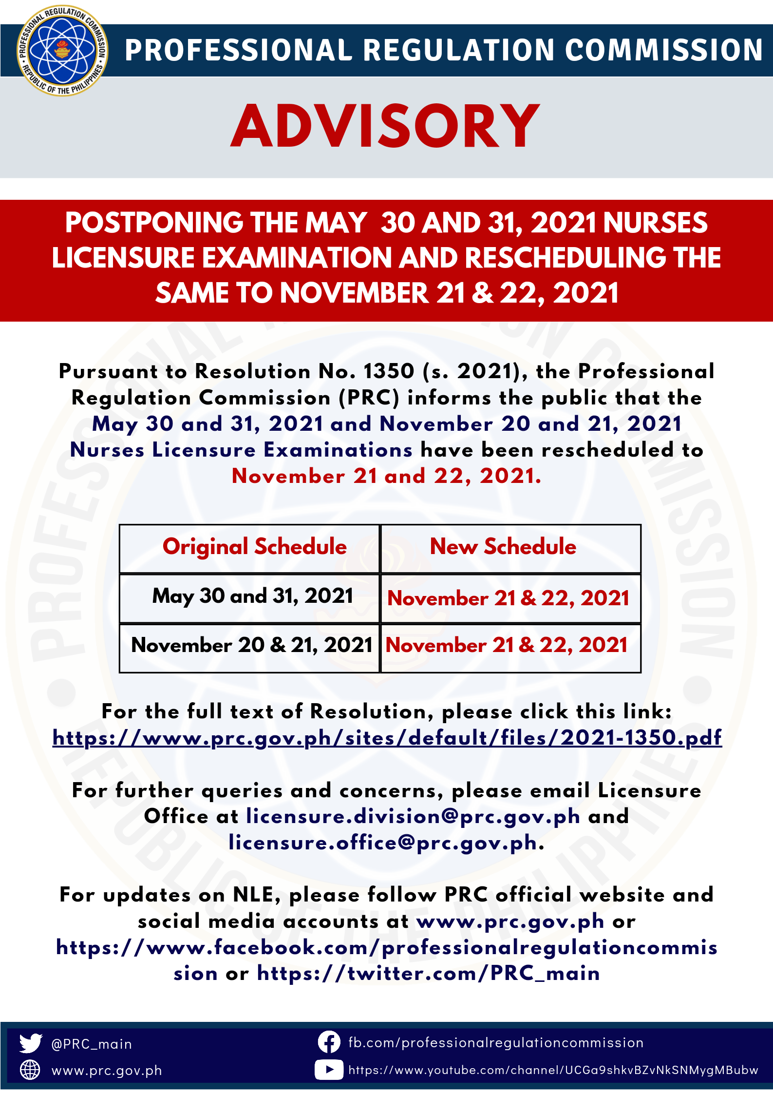 Postponing the May 30 And 31, 2021 Nurses Licensure Examination and