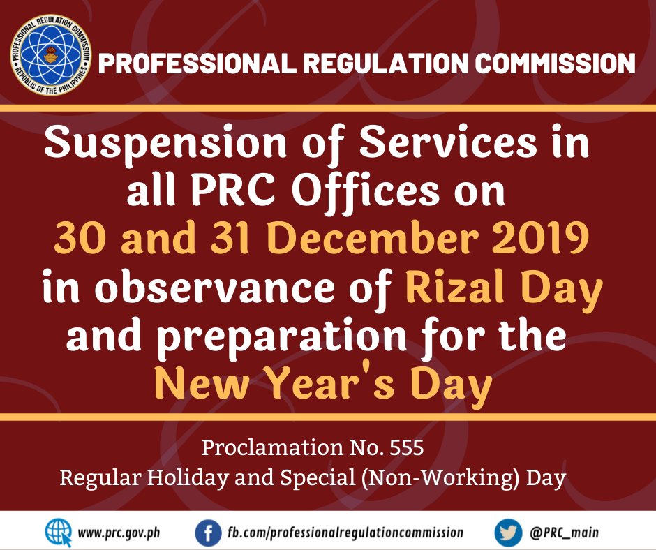 Suspension Of Services On 30 And 31 December 19 Professional Regulation Commission