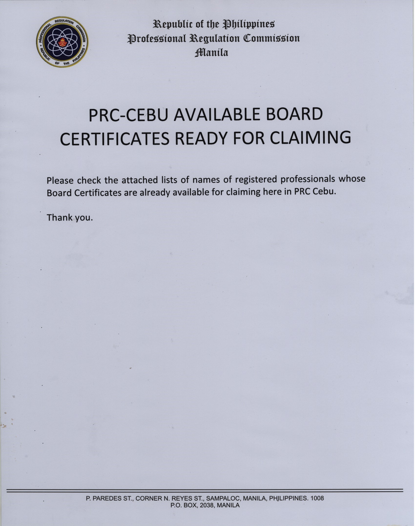 Prc Cebu List Of Available Board Certificates For Claiming Professional Regulation Commission