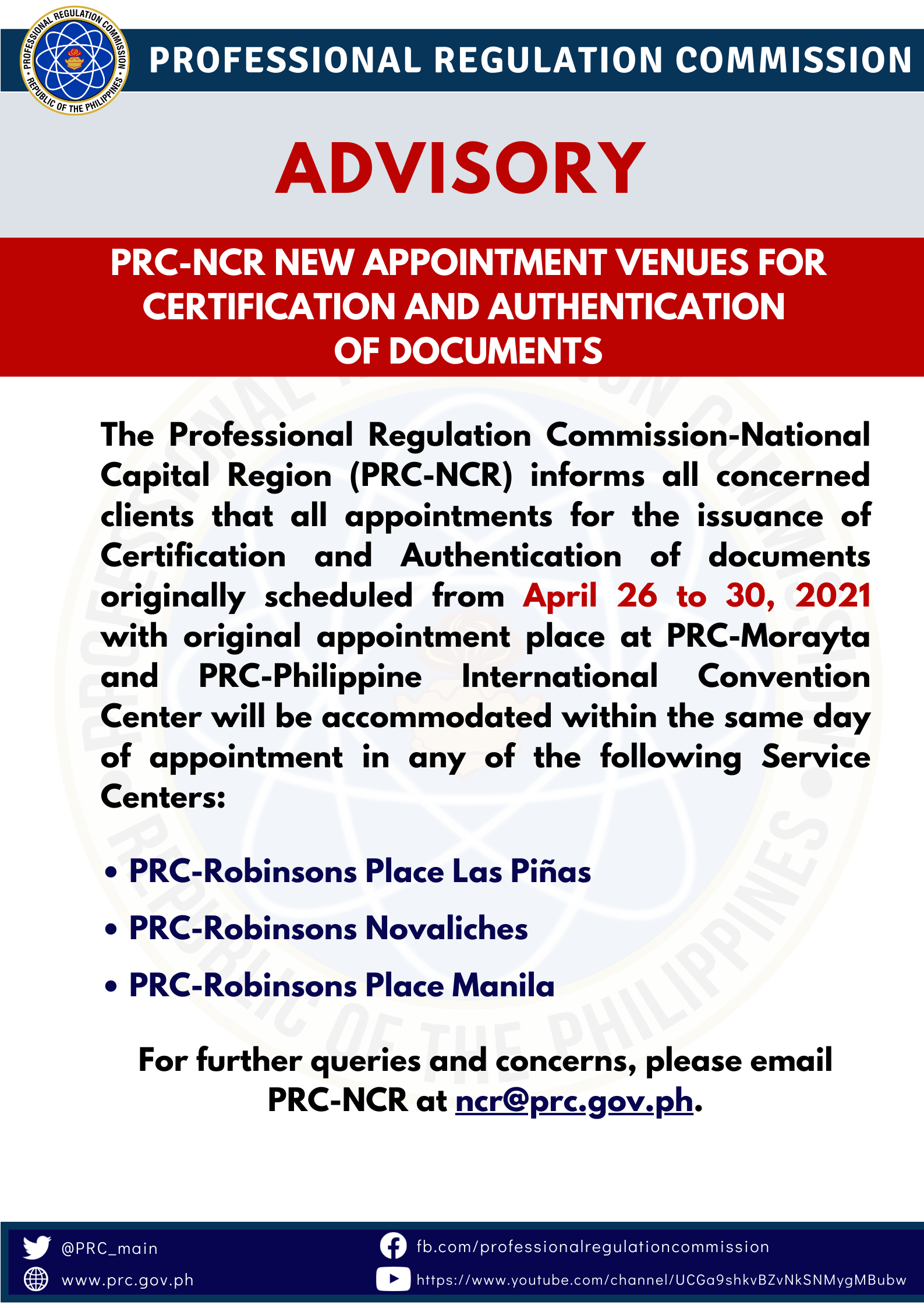 Prc Ncr New Appointment Venues For Certification And Authentication Of Documents Professional Regulation Commission